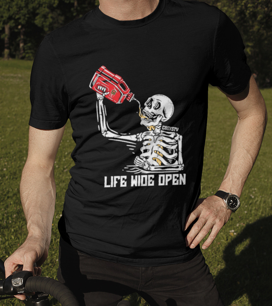 Cboystv Life Wide Open Skeleton Drinking Soul Fuel T-Shirt