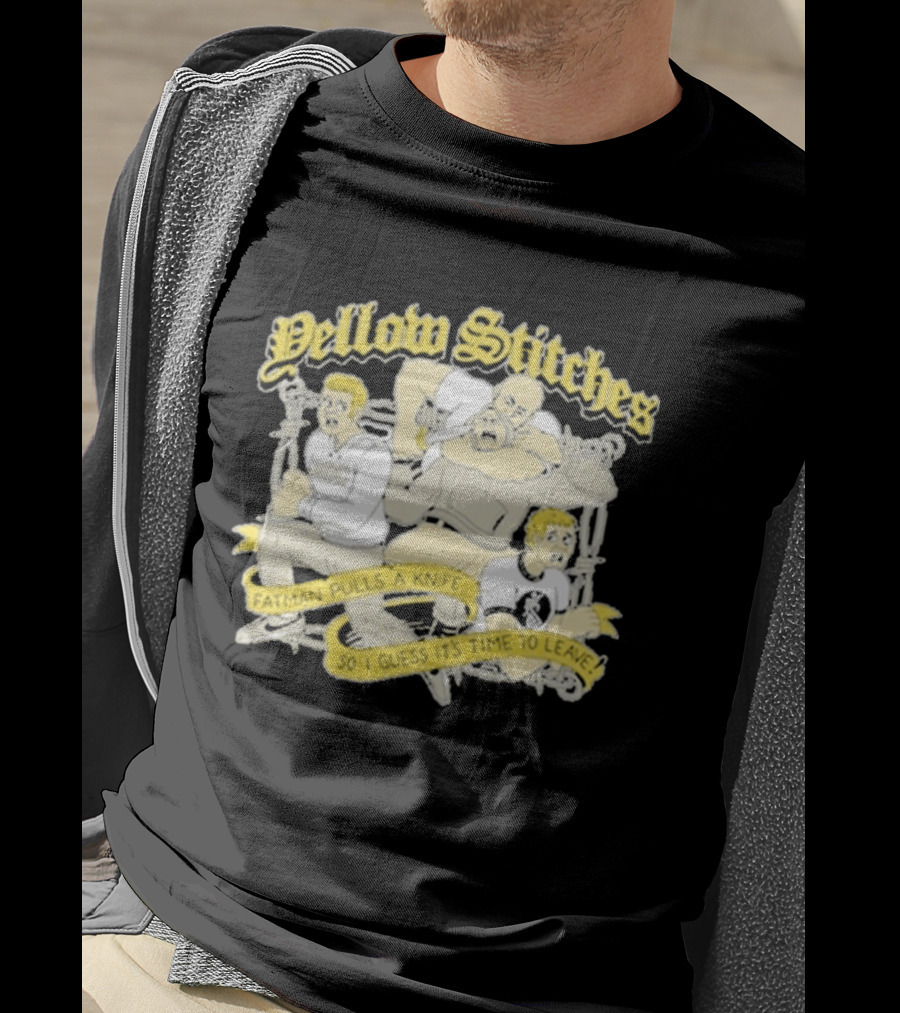 Yellow Stitches Friends Family Forever ROC Fatman Pulls A Knife T-Shirt