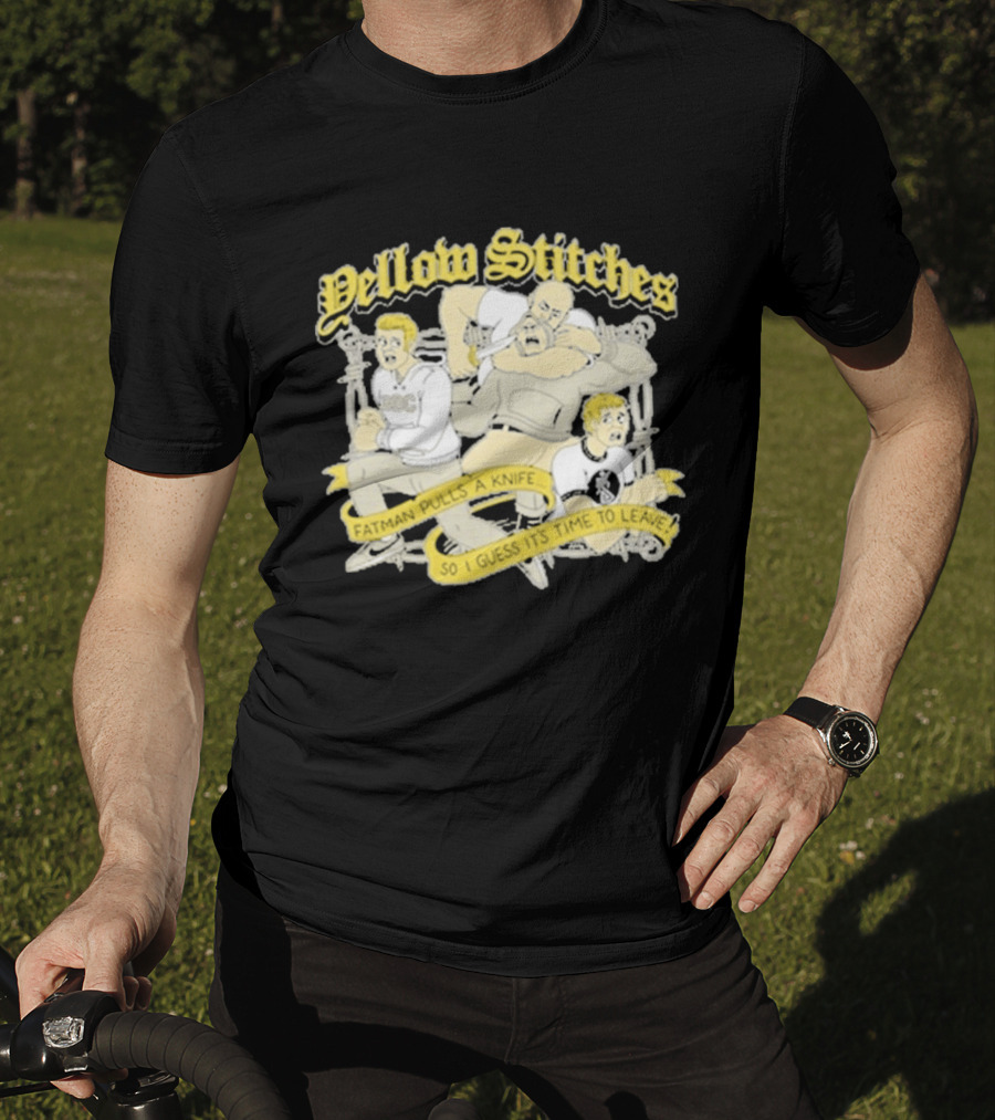 Yellow Stitches Friends Family Forever ROC Fatman Pulls A Knife T-Shirt