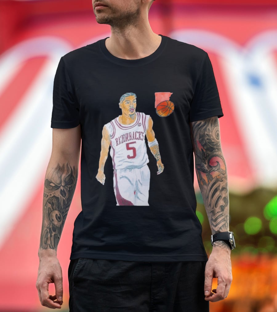 Arkansas Razorbacks Basketball Darius Acuff Jr. Caricature Player Number 5 T-Shirt