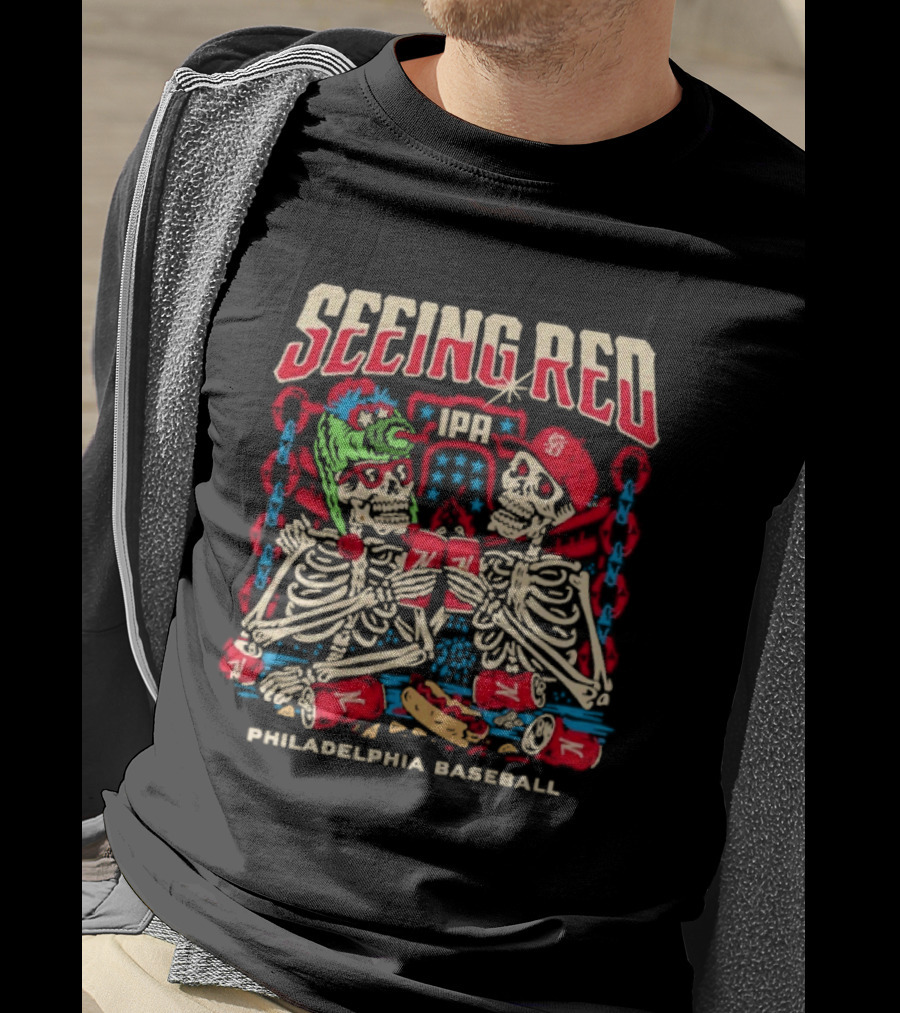 Seeing Red Philadelphia Baseball Skeletons Red Caps Hot Dog Beer T-Shirt