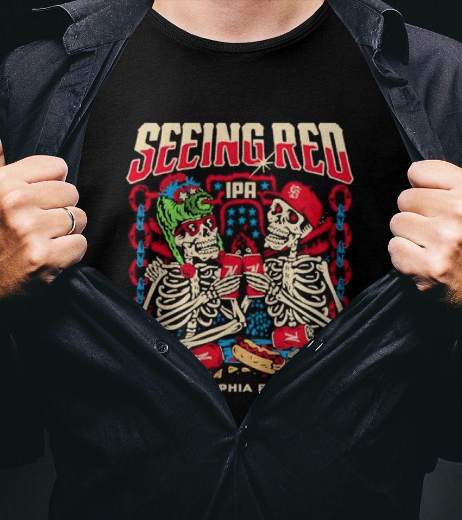 Seeing Red Philadelphia Baseball Skeletons Red Caps Hot Dog Beer T-Shirt