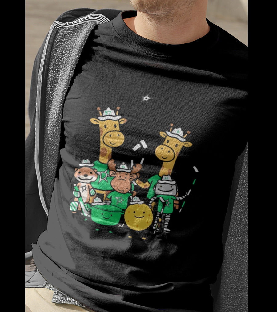 Dallas Stars Cartoon Characters Family Fun With Giraffe Moose Dog Bear And Cat T-Shirt