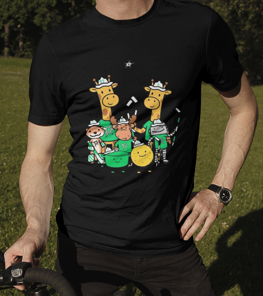 Dallas Stars Cartoon Characters Family Fun With Giraffe Moose Dog Bear And Cat T-Shirt