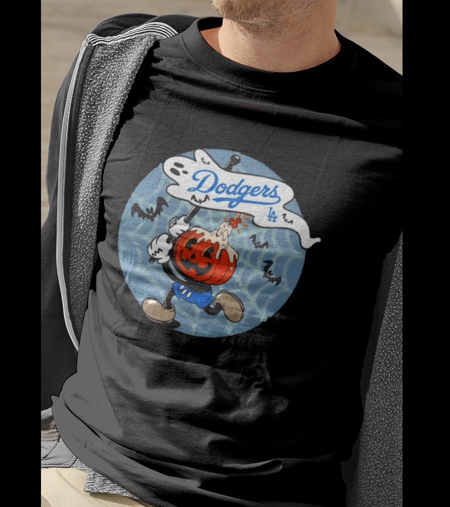 Los Angeles Dodgers Halloween Pumpkin Head Vintage Cartoon With Bats And Webs T-Shirt
