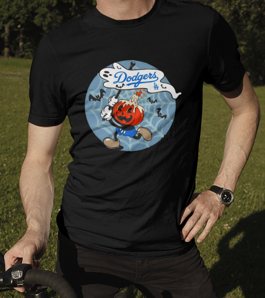Los Angeles Dodgers Halloween Pumpkin Head Vintage Cartoon With Bats And Webs T-Shirt
