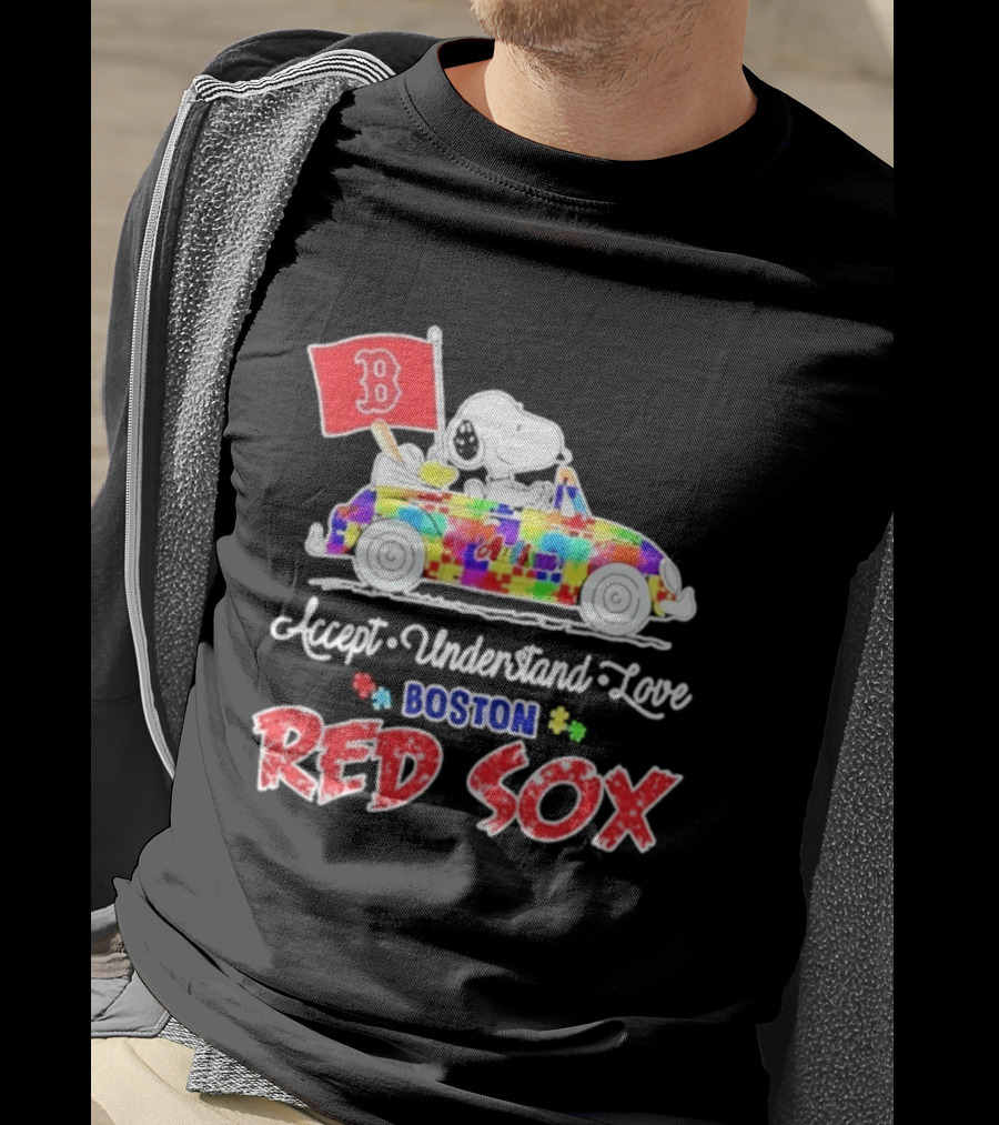 Snoopy Woodstock Boston Red Sox Driving Car Autism Awareness Accept Understand Love 2026 T-Shirt