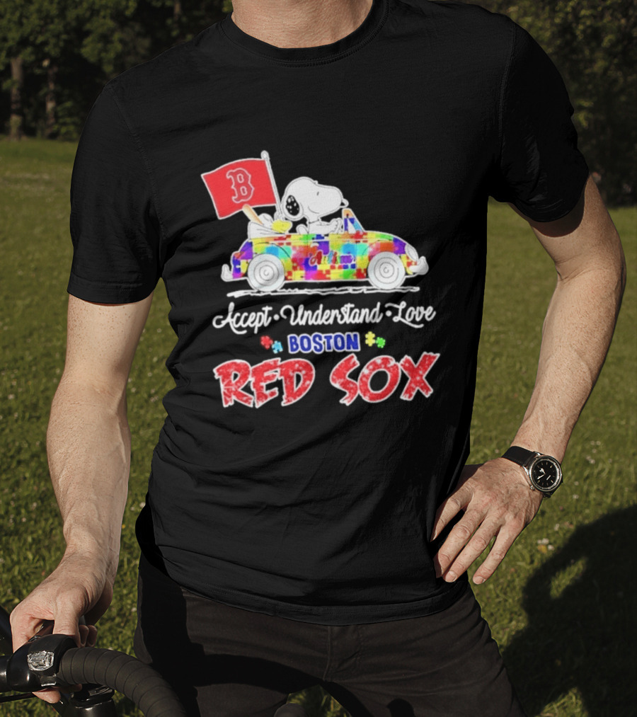 Snoopy Woodstock Boston Red Sox Driving Car Autism Awareness Accept Understand Love 2026 T-Shirt