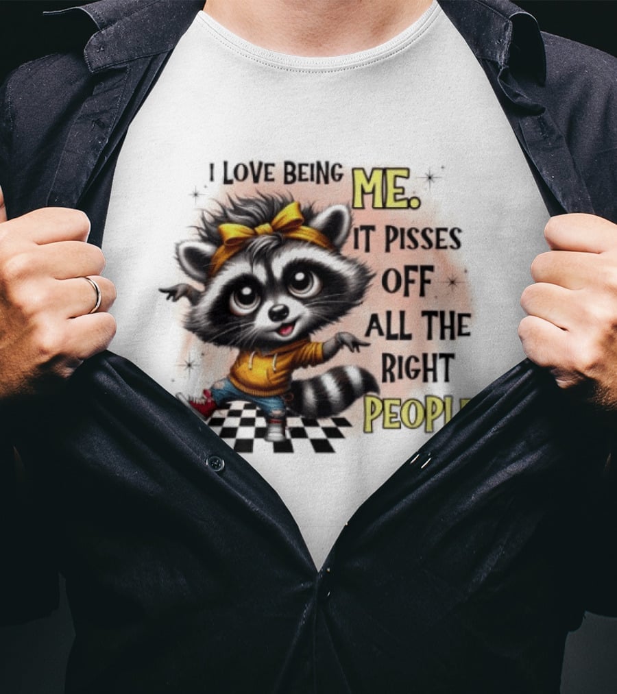 Raccoon I Love Being Me It Pisses Off All The Right People Yellow Bandana Denim Sneakers T-Shirt