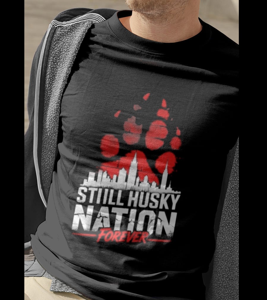 Still Husky Nation Forever Red Paw Print Skyline 2026 NBA UConn Huskies T-Shirt