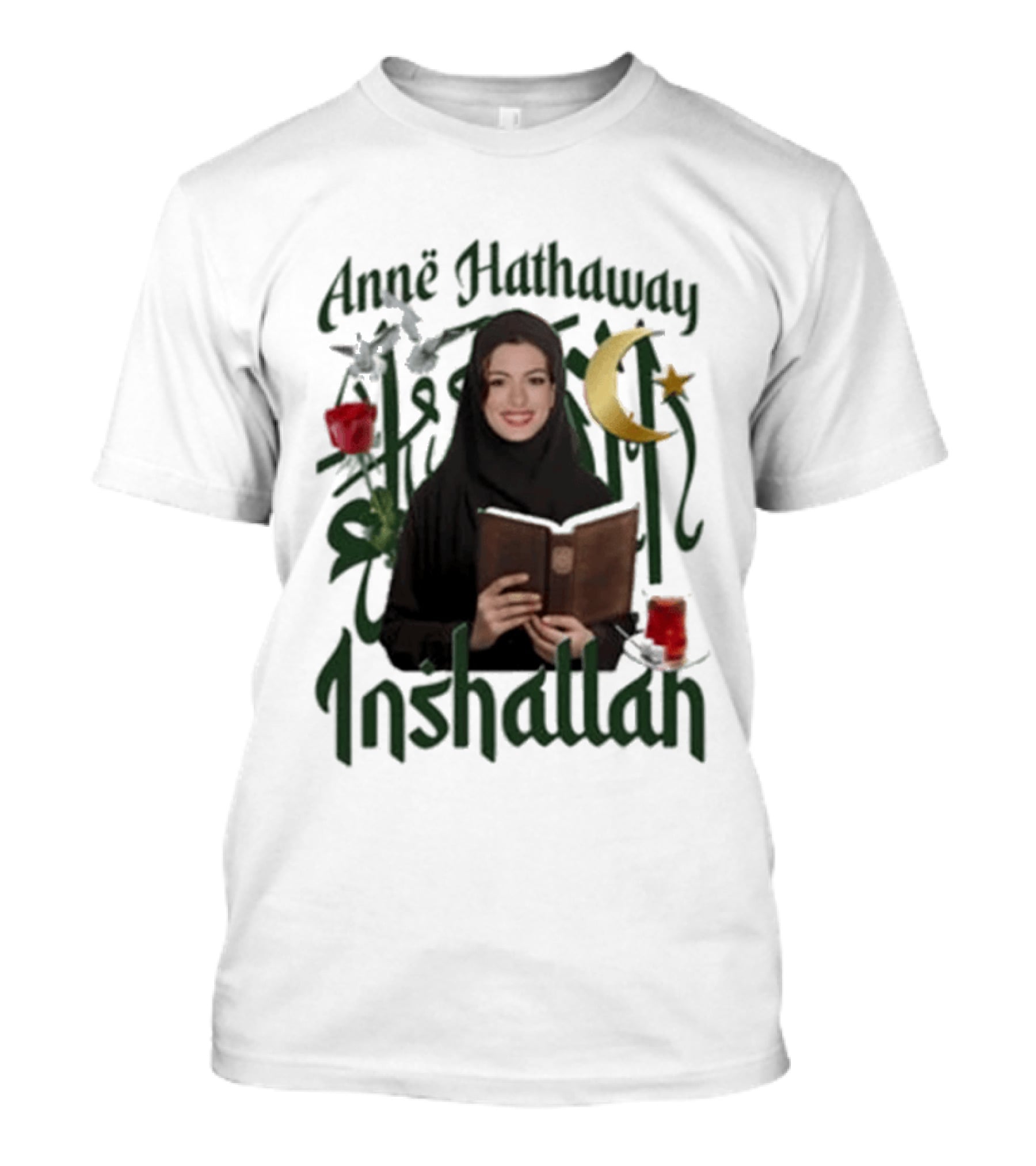 Anne Hathaway Inshallah Book Crescent Moon Tea T-Shirt