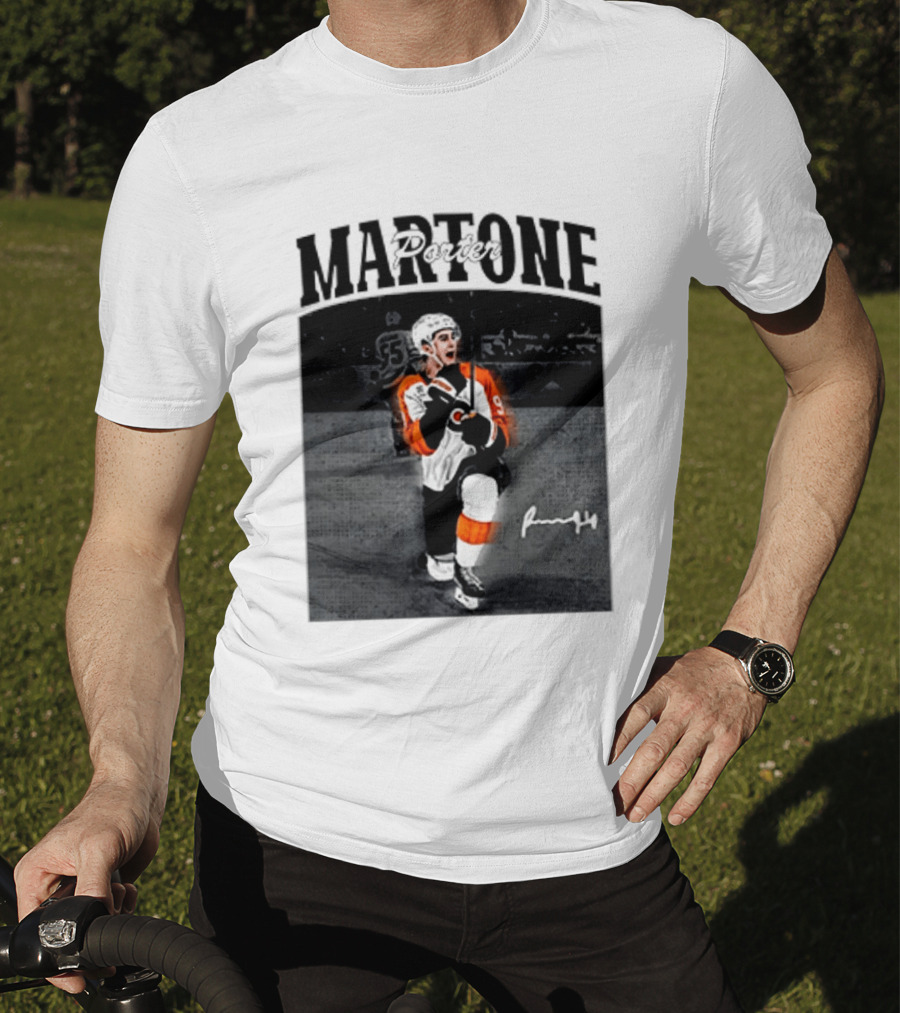Porter Martone Fly Hockey Celebration With Signature T-Shirt