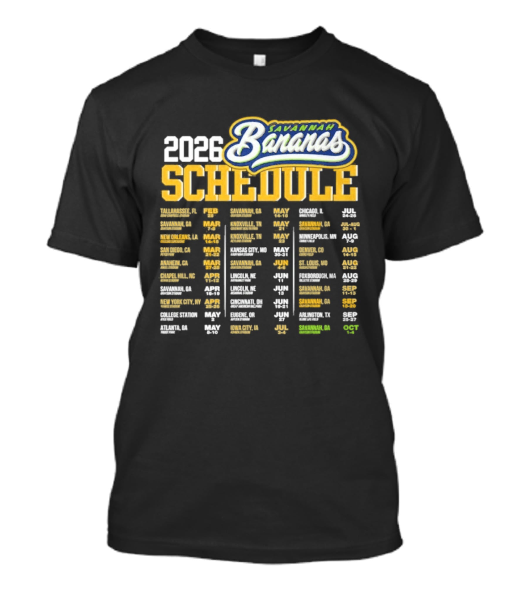 Savannah Bananas 2026 World Tour Schedule Dates And Locations T-Shirt