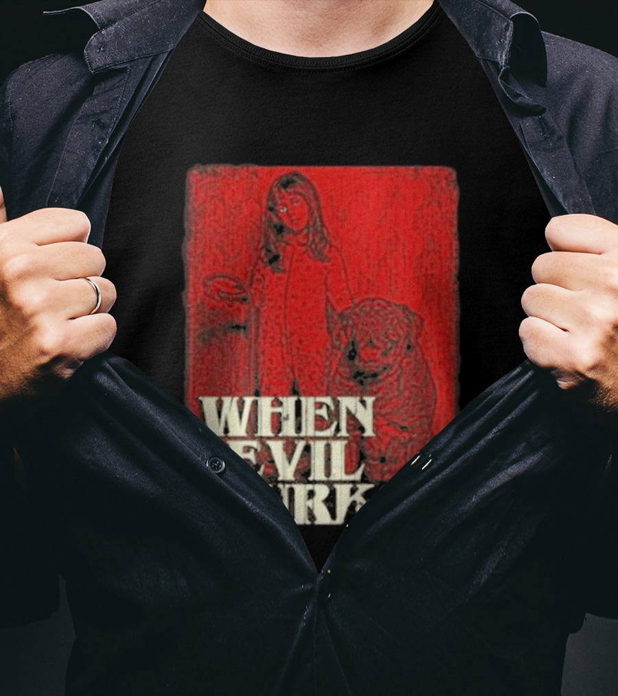 When Evil Lurks Red Background Girl With Bear T-Shirt
