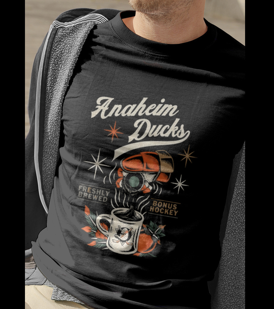 Anaheim Ducks Freshly Brewed Bonus Hockey Coffee Motif T-Shirt