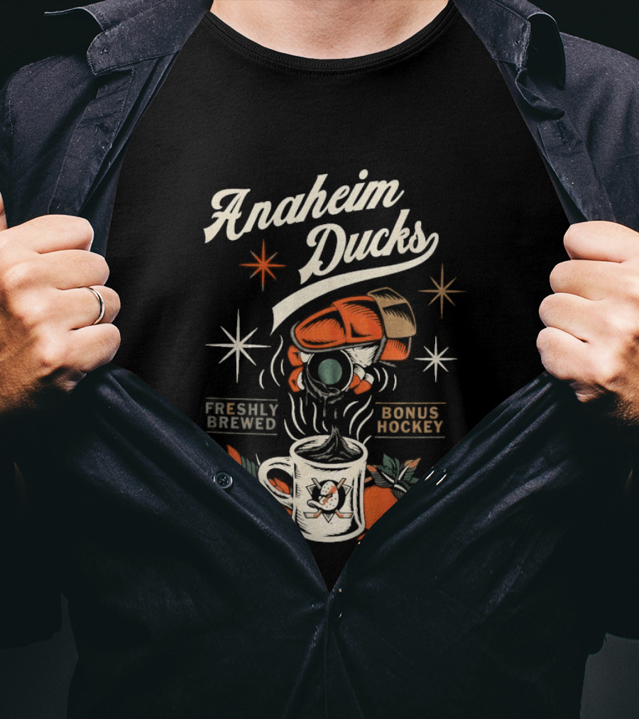 Anaheim Ducks Freshly Brewed Bonus Hockey Coffee Motif T-Shirt