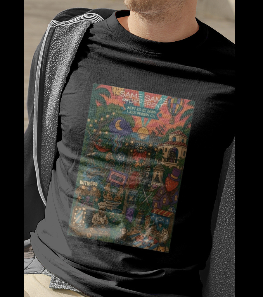 Same Same But Different Festival September 25 27 2026 Lake Perris CA Hot Air Balloon Tropical Landscape T-Shirt