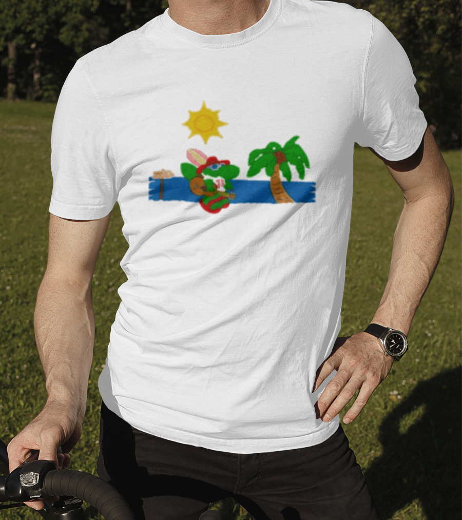 Jimmy Buffett Gator With Guitar By Palm Tree And Sun T-Shirt
