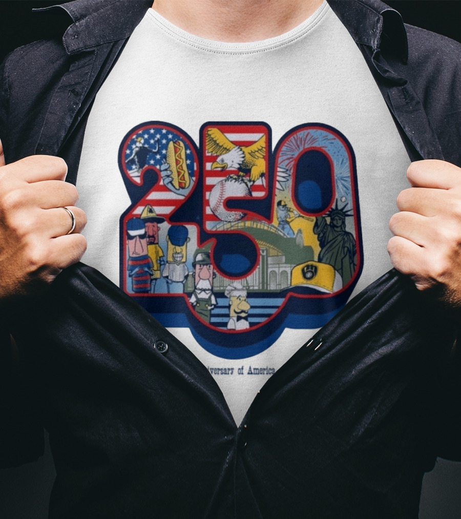 Milwaukee Brewers American Baseball Hotdog Eagle Statue Of Liberty 250th Anniversary Celebration T-Shirt