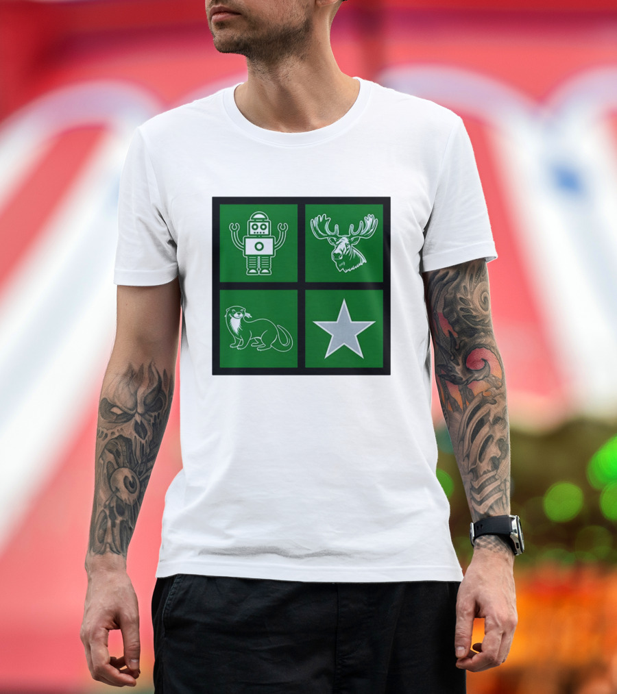Robot Moose Otter Star Quadrant On Green T-Shirt