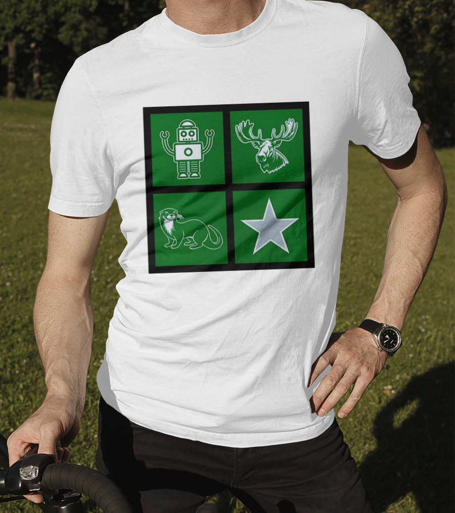 Robot Moose Otter Star Quadrant On Green T-Shirt