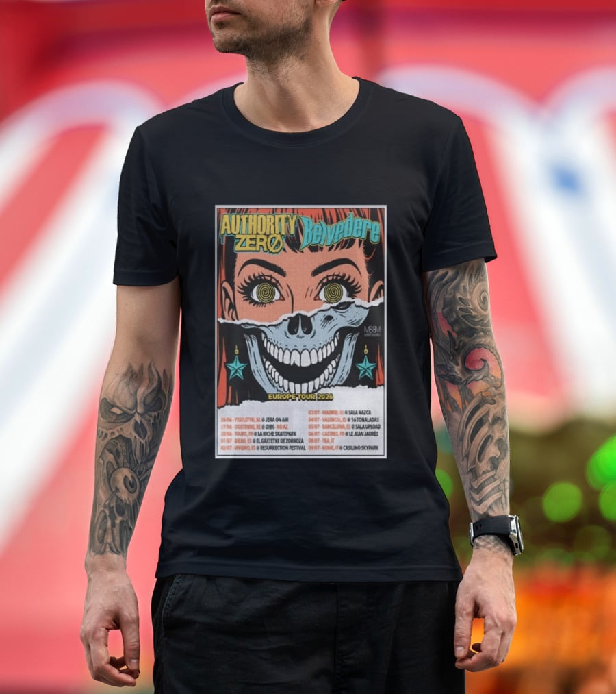 Authority Zero Belvedere Europe Tour 2026 Featuring Futuristic Comic Art Style With Date And Venue List T-Shirt