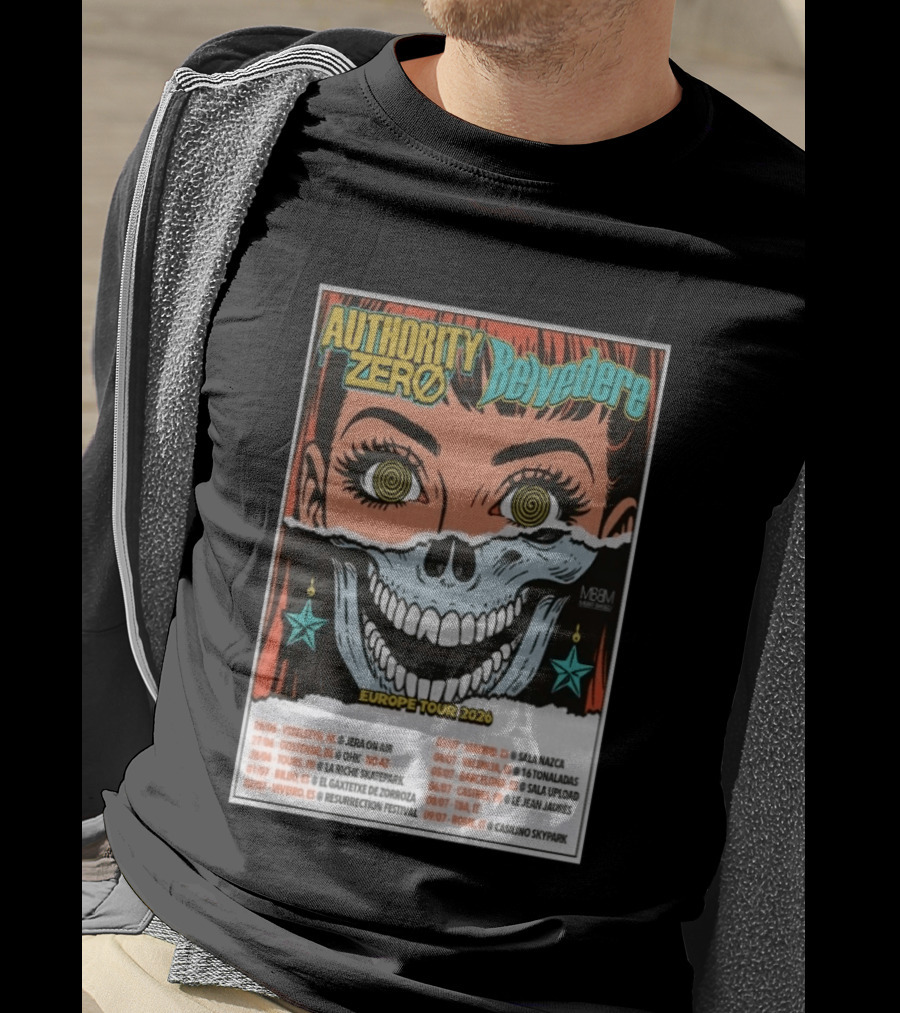 Authority Zero Belvedere Europe Tour 2026 Featuring Futuristic Comic Art Style With Date And Venue List T-Shirt