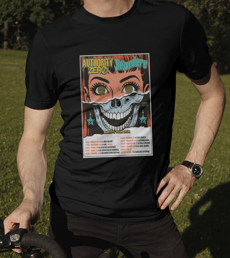 Authority Zero Belvedere Europe Tour 2026 Featuring Futuristic Comic Art Style With Date And Venue List T-Shirt