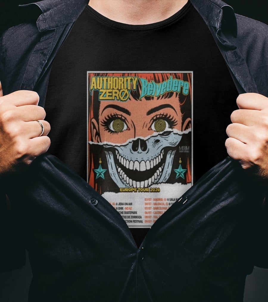 Authority Zero Belvedere Europe Tour 2026 Featuring Futuristic Comic Art Style With Date And Venue List T-Shirt