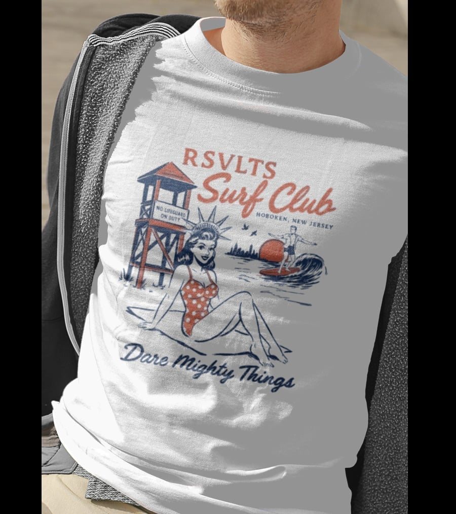RSVLTS Surf Club Hoboken New Jersey Dare Mighty Things Statue Of Liberty Surfing Vintage Beach Scene T-Shirt
