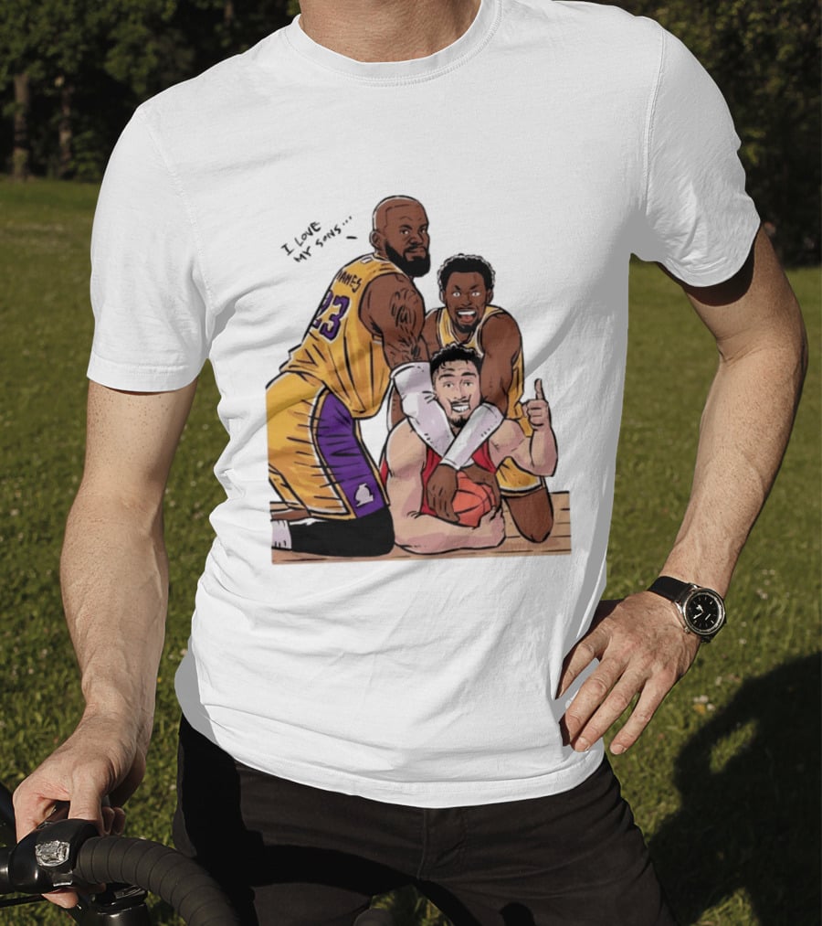 Lebron James Lakers Family Bronny Sengun Cartoon Basketball Scene T-Shirt