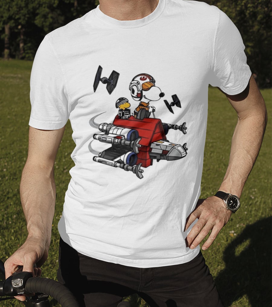 Space Beagle Snoopy Star Wars X Wing Doghouse Woodstock TIE Fighters T-Shirt