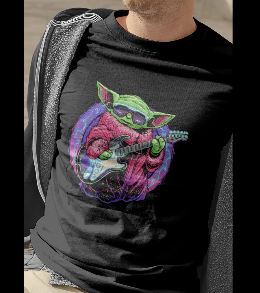 Grogu Electric Galaxy Guitar Blue Neon Lightning T-Shirt