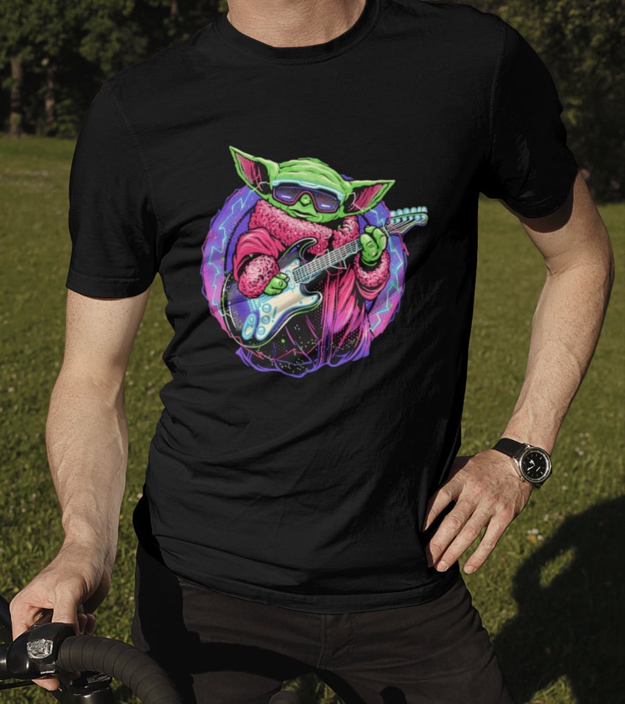 Grogu Electric Galaxy Guitar Blue Neon Lightning T-Shirt
