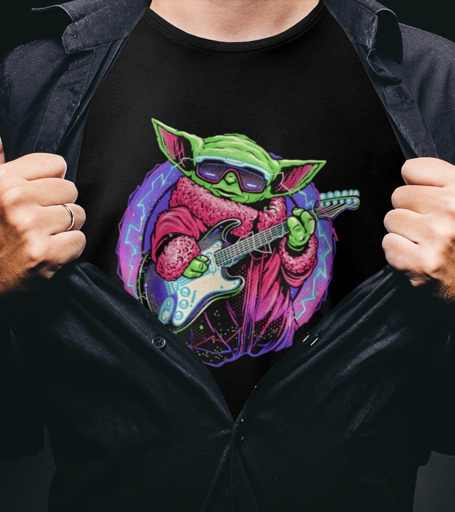 Grogu Electric Galaxy Guitar Blue Neon Lightning T-Shirt