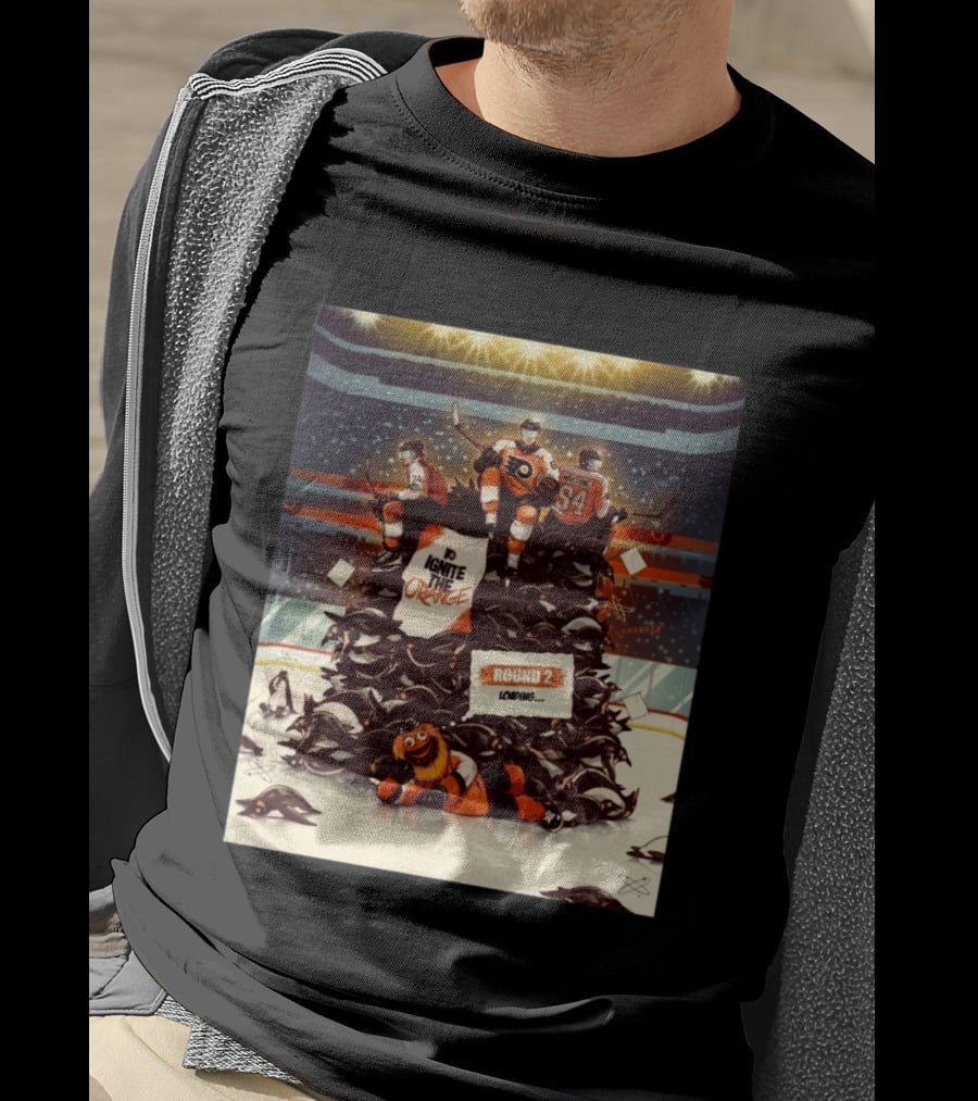 Philadelphia Flyers Ignite The Orange Round 2 Loading Cartoon Hockey Battle T-Shirt