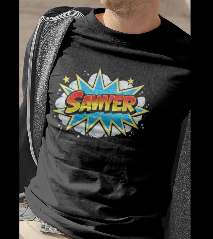 Sawyer Comic Book Style Burst Name With Stars And Clouds T-Shirt