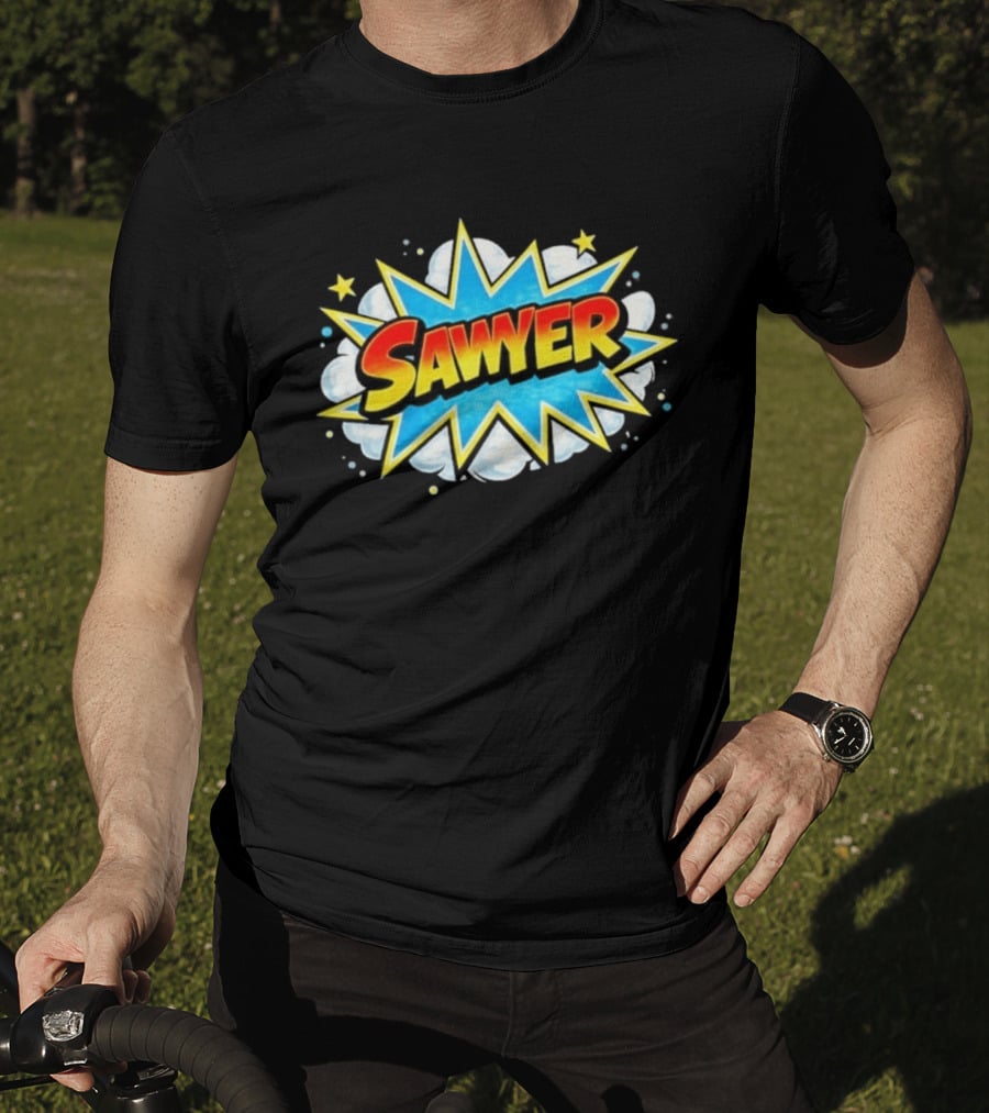 Sawyer Comic Book Style Burst Name With Stars And Clouds T-Shirt
