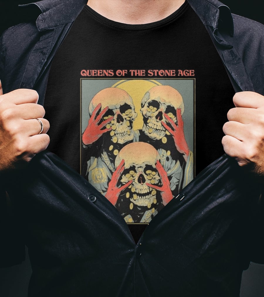 Queens Of The Stone Age Lincoln CA 5.1.2026 Skull Imagery With Coins T-Shirt