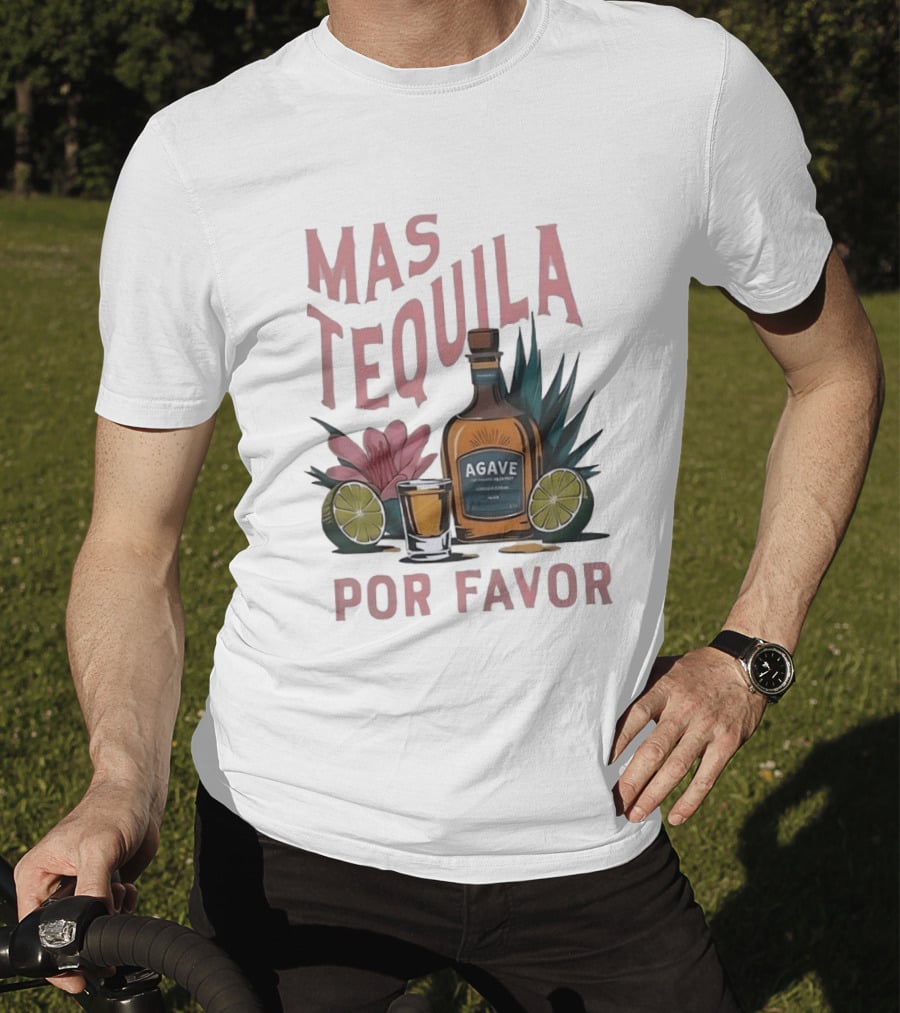 Mas Tequila Por Favor Agave Bottle With Limes And Shot Glass T-Shirt
