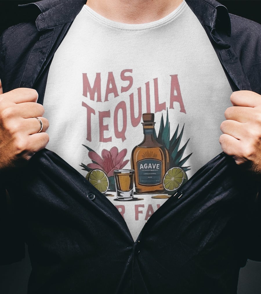 Mas Tequila Por Favor Agave Bottle With Limes And Shot Glass T-Shirt