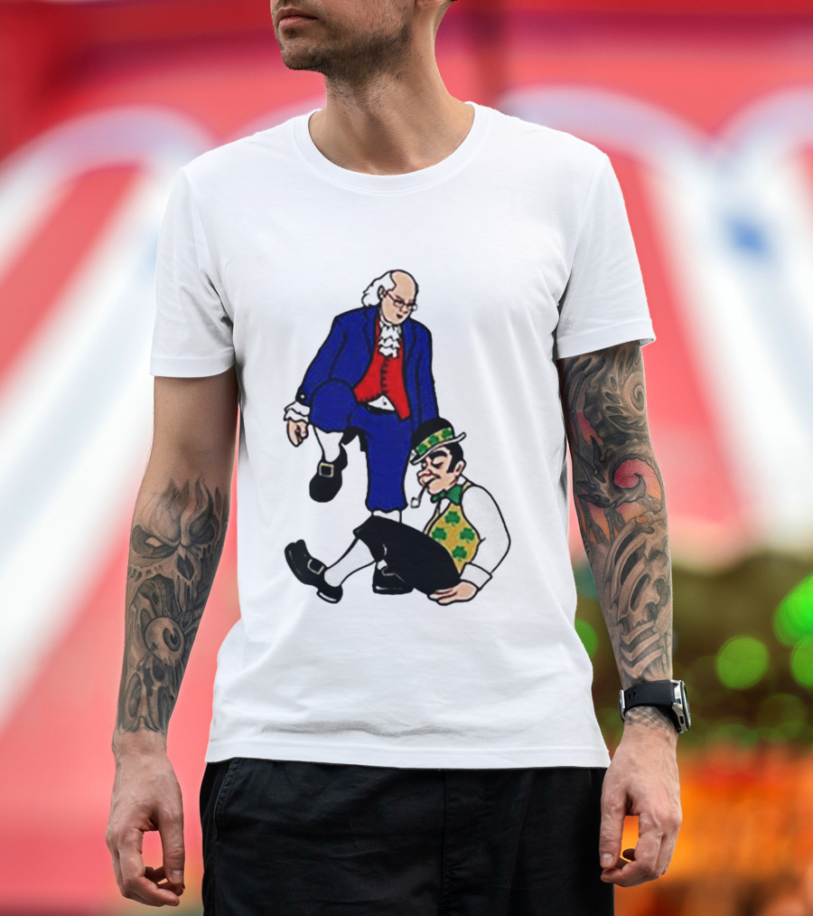 Ben Franklin Stepover Cartoon Colonial Vs Leprechaun T-Shirt