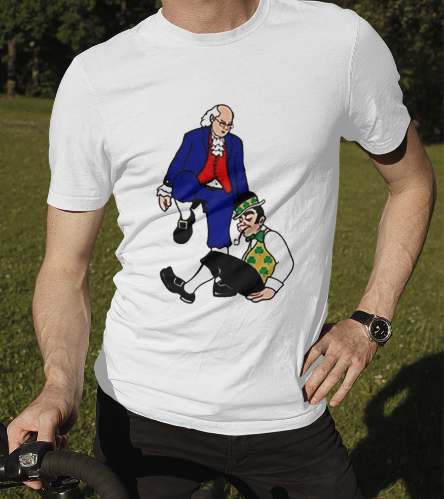 Ben Franklin Stepover Cartoon Colonial Vs Leprechaun T-Shirt
