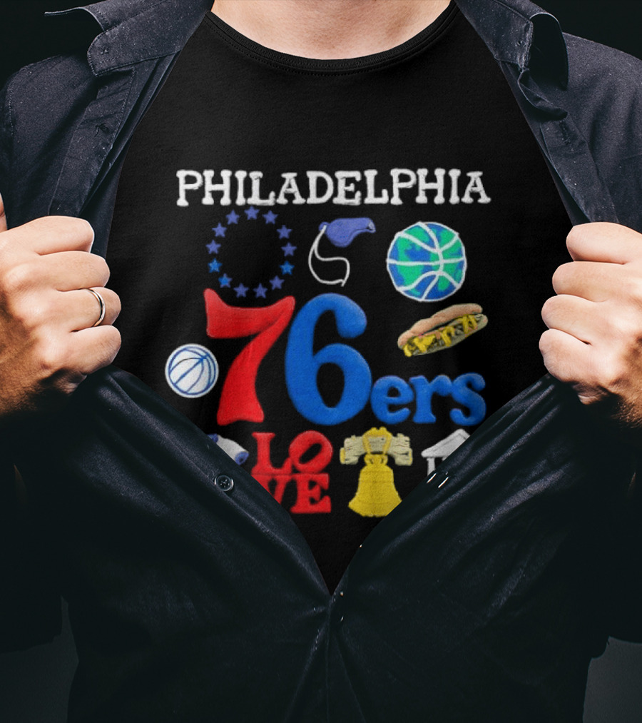 Philadelphia 76ers Claymation Icons Hot Dog Liberty Bell Basketball LOVE Statue City T-Shirt