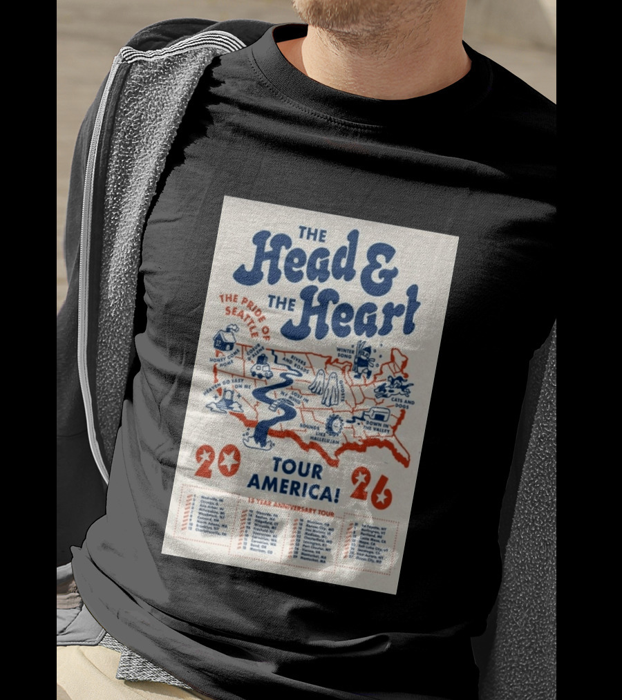 The Head And The Heart Tour America 2026 Pride Of Seattle Map 15 Year Anniversary T-Shirt