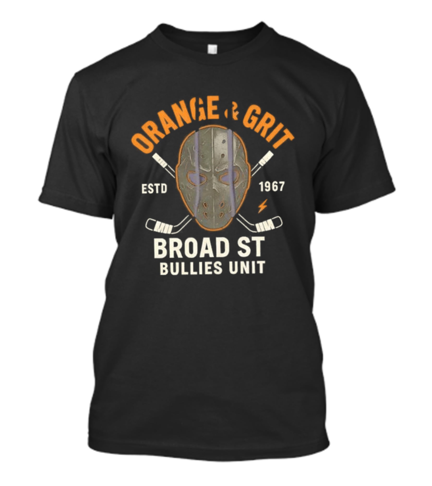 Orange And Grit Broad St Bullies Unit ESTD 1967 Hockey Mask And Sticks T-Shirt