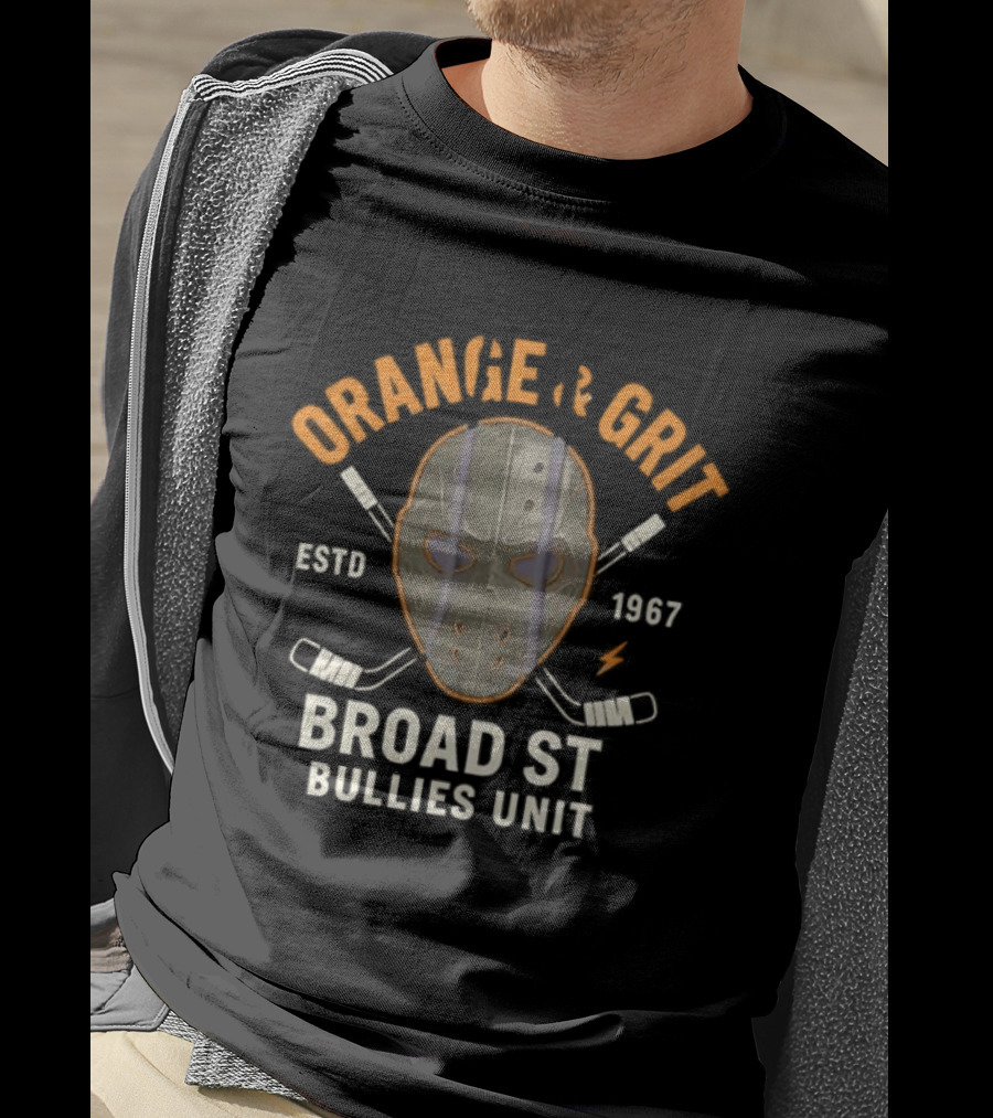 Orange And Grit Broad St Bullies Unit ESTD 1967 Hockey Mask And Sticks T-Shirt