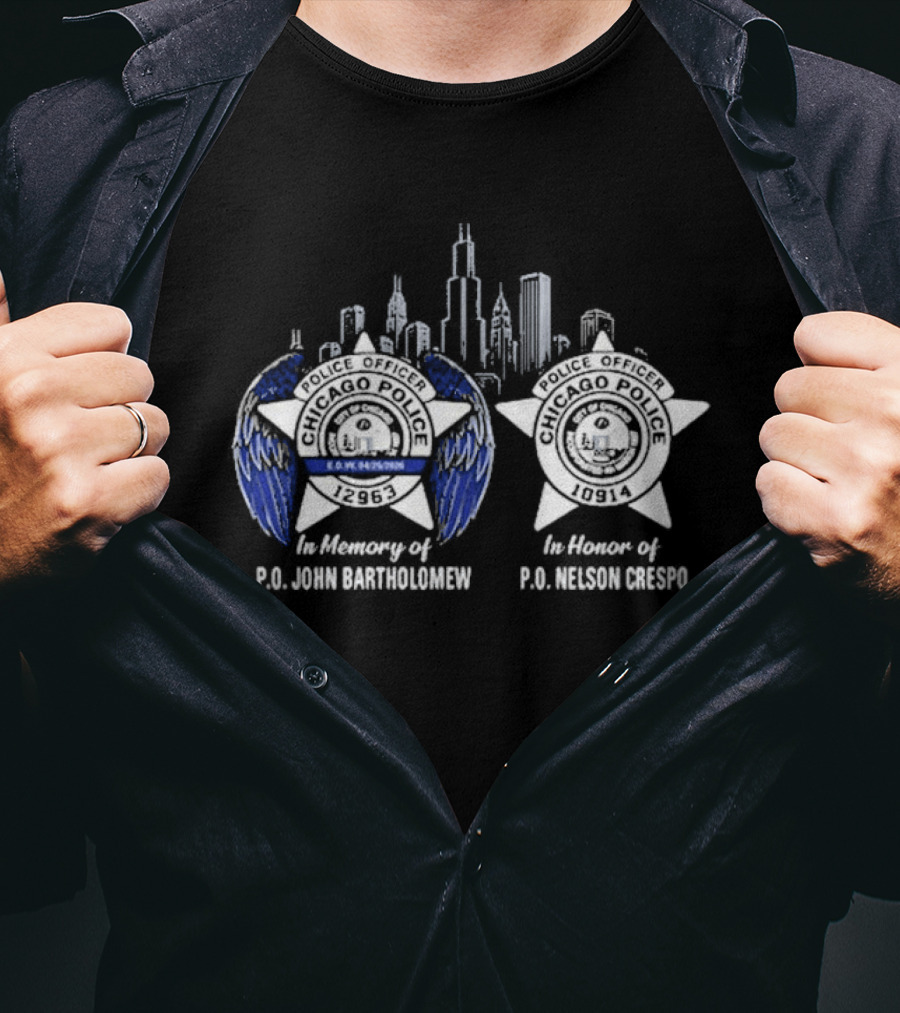 In Memory Of PO John Bartholomew And PO Nelson Crespo Badge Skyline T-Shirt