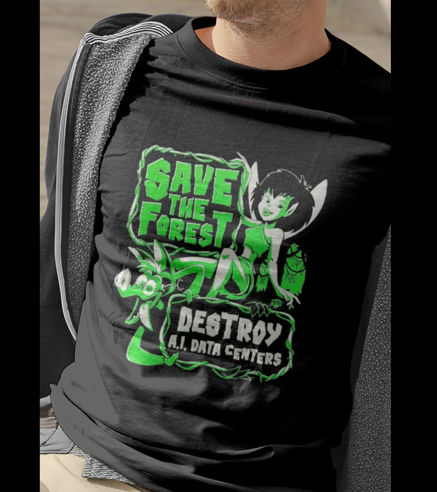Save The Forest Destroy A.I. Data Centers Cartoon Fairy And Boar T-Shirt
