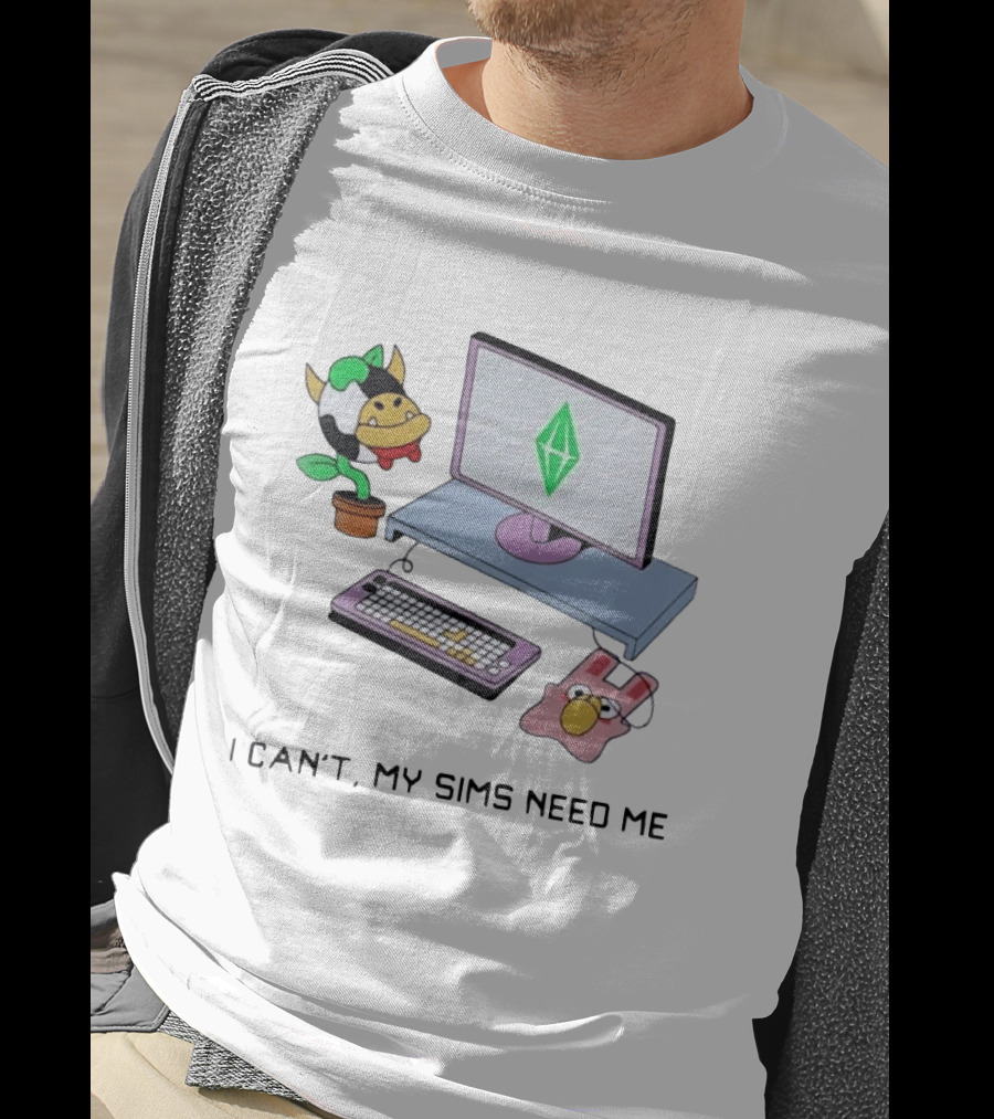 I Can't My Sims Need Me Cowplant Computer And Plumbob Gaming Setup T-Shirt